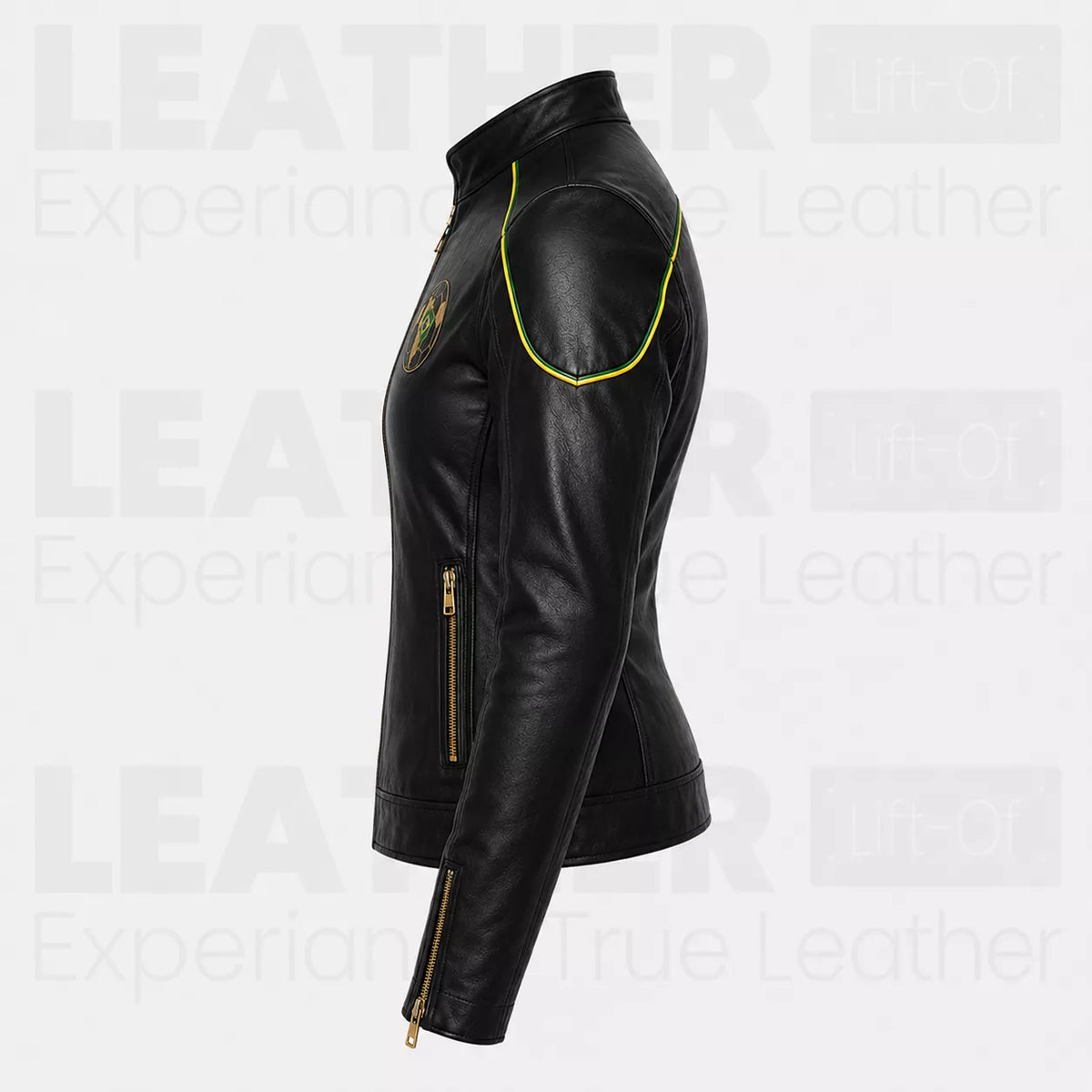 Women’s Brazil Soccer Fan Leather Jacket | Black Gold Zip Biker Jacket