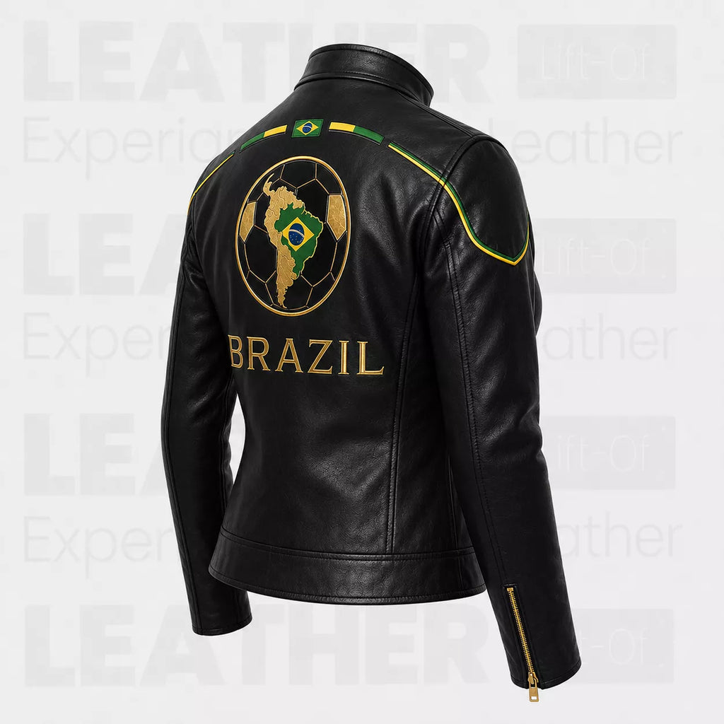 Women’s Brazil Soccer Fan Leather Jacket | Black Gold Zip Biker Jacket