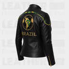 Women’s Brazil Soccer Fan Leather Jacket | Black Gold Zip Biker Jacket