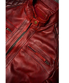 Men’s Red Leather Biker Jacket | Quilted Cafe Racer Style