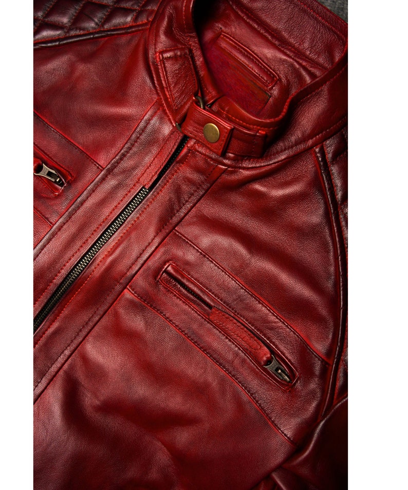 Men’s Red Leather Biker Jacket | Quilted Cafe Racer Style