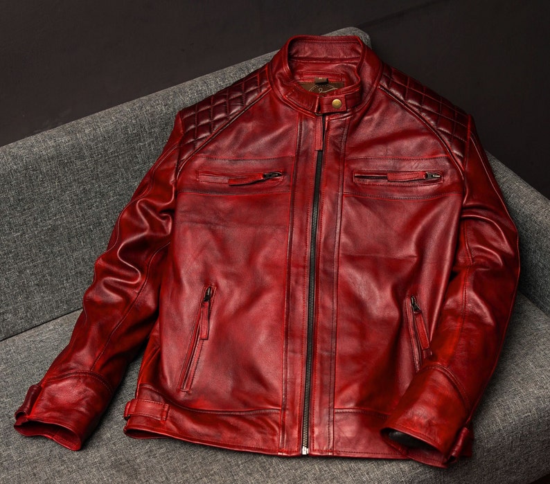 Men’s Red Leather Biker Jacket | Quilted Cafe Racer Style