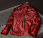 Men’s Red Leather Biker Jacket | Quilted Cafe Racer Style