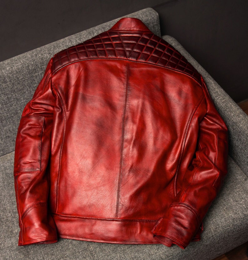 Men’s Red Leather Biker Jacket | Quilted Cafe Racer Style