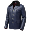 Men’s Navy Blue Leather Coat with Shearling Collar | Winter Button Front Jacket