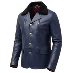 Men’s Navy Blue Leather Coat with Shearling Collar | Winter Button Front Jacket
