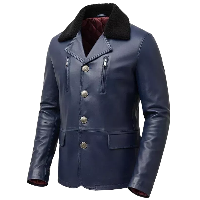 Men’s Navy Blue Leather Coat with Shearling Collar | Winter Button Front Jacket