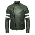 Men's Green Leather Biker Jacket – Slim Fit Moto Coat with Stripe Sleeves