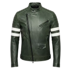 Men's Green Leather Biker Jacket – Slim Fit Moto Coat with Stripe Sleeves