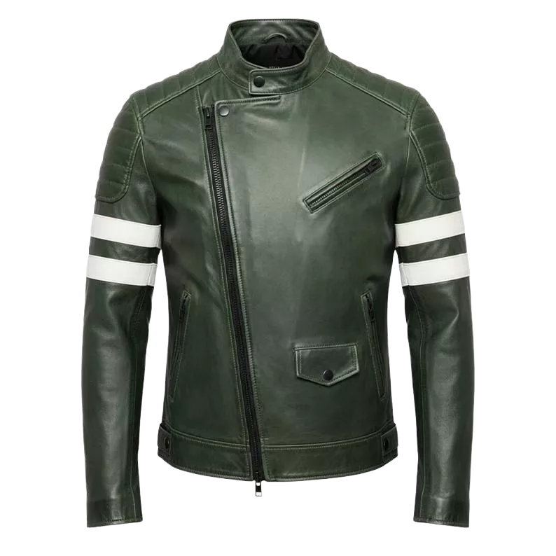 Men's Green Leather Biker Jacket – Slim Fit Moto Coat with Stripe Sleeves