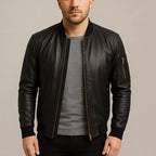 Men's Soft Lambskin Leather Jacket, Slim Fit Cafe Racer Bomber,  Black Modern Moto jacket