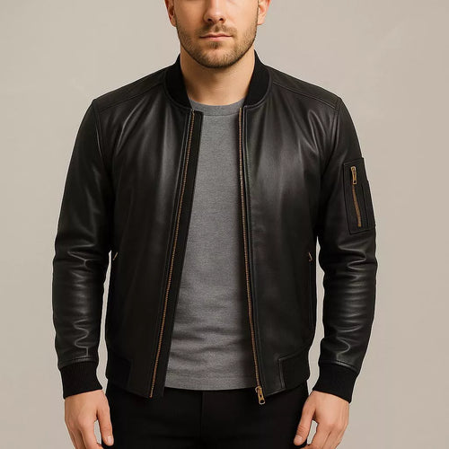 Men's Soft Lambskin Leather Jacket, Slim Fit Cafe Racer Bomber,  Black Modern Moto jacket