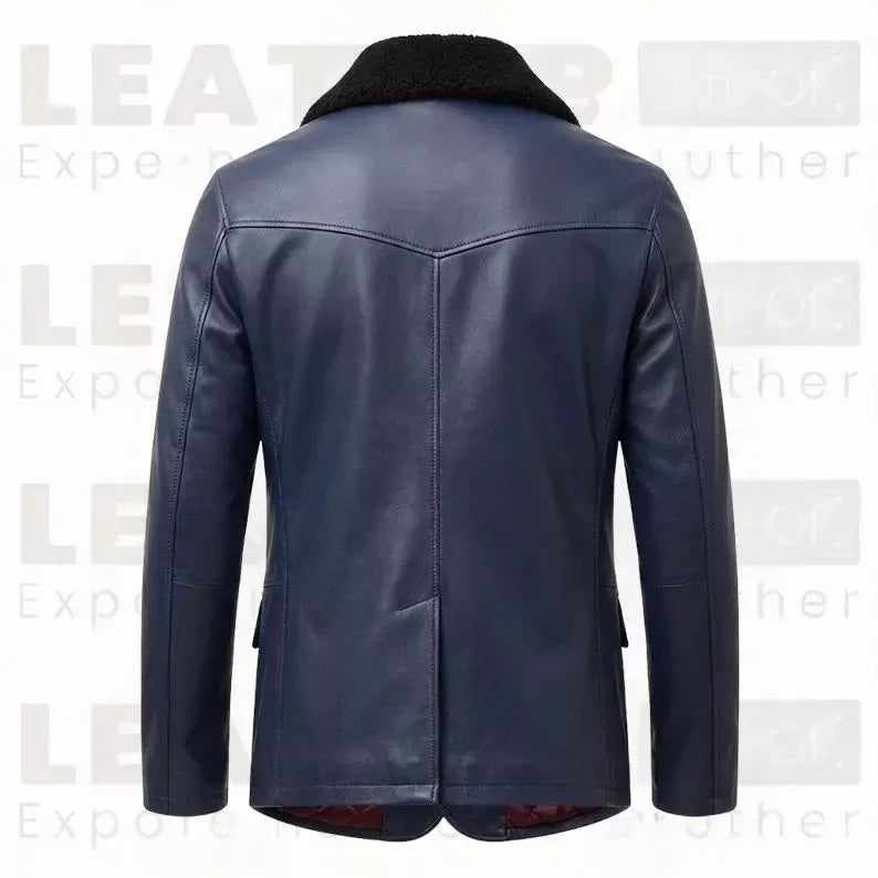 Men’s Navy Blue Leather Coat with Shearling Collar | Winter Button Front Jacket