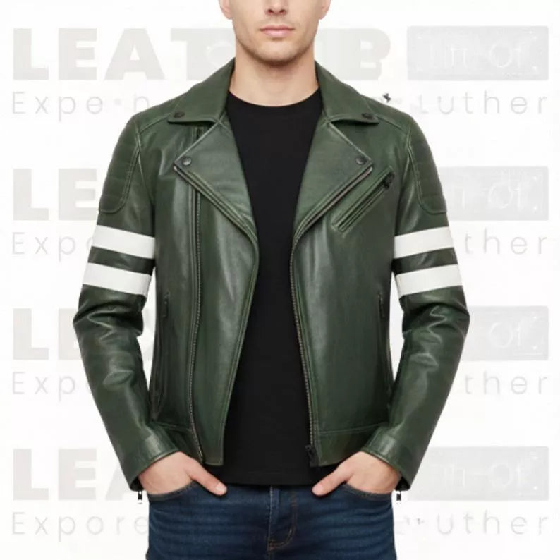Men's Green Leather Biker Jacket – Slim Fit Moto Coat with Stripe Sleeves