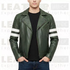 Men's Green Leather Biker Jacket – Slim Fit Moto Coat with Stripe Sleeves