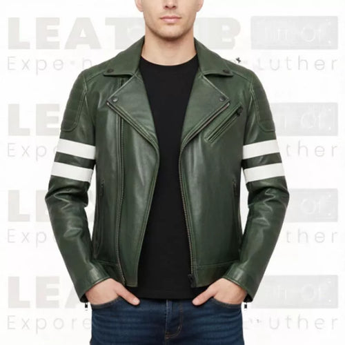Men's Green Leather Biker Jacket – Slim Fit Moto Coat with Stripe Sleeves