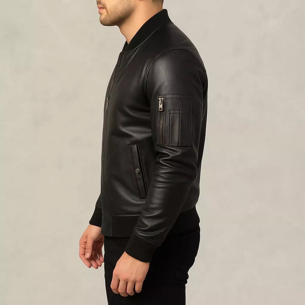 Men's Soft Lambskin Leather Jacket, Slim Fit Cafe Racer Bomber,  Black Modern Moto jacket