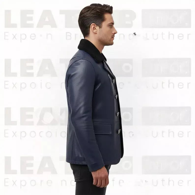 Men’s Navy Blue Leather Coat with Shearling Collar | Winter Button Front Jacket