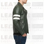 Men's Green Leather Biker Jacket – Slim Fit Moto Coat with Stripe Sleeves