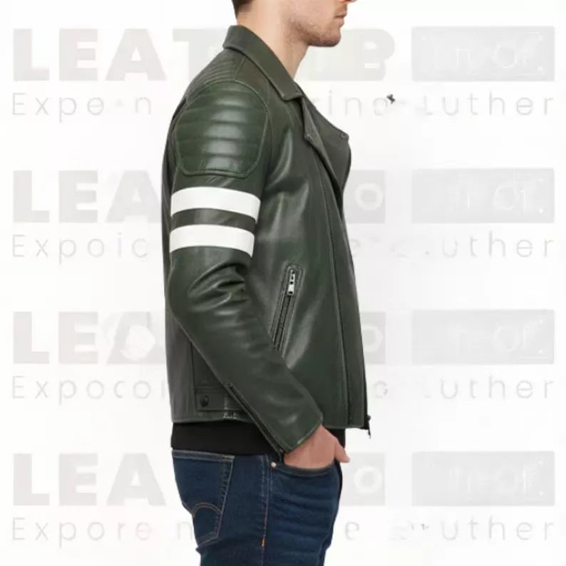 Men's Green Leather Biker Jacket – Slim Fit Moto Coat with Stripe Sleeves