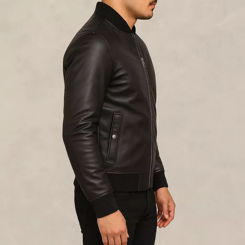 Men's Soft Lambskin Leather Jacket, Slim Fit Cafe Racer Bomber,  Black Modern Moto jacket