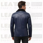 Men’s Navy Blue Leather Coat with Shearling Collar | Winter Button Front Jacket