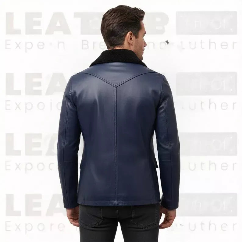 Men’s Navy Blue Leather Coat with Shearling Collar | Winter Button Front Jacket