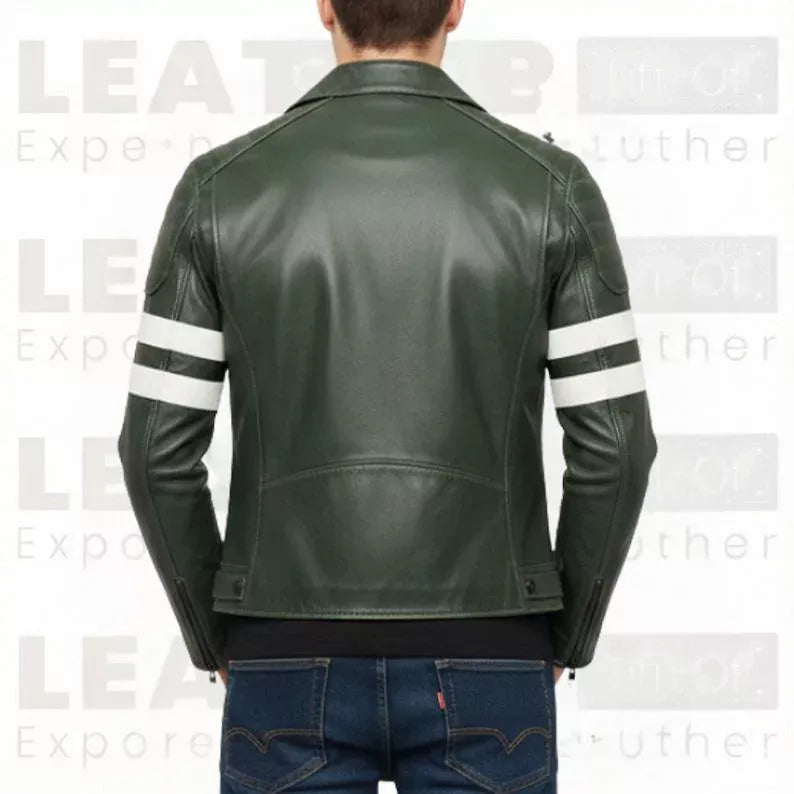 Men's Green Leather Biker Jacket – Slim Fit Moto Coat with Stripe Sleeves