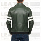 Men's Green Leather Biker Jacket – Slim Fit Moto Coat with Stripe Sleeves