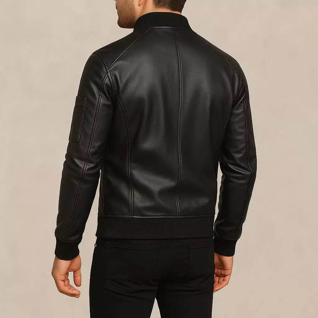 Men's Soft Lambskin Leather Jacket, Slim Fit Cafe Racer Bomber,  Black Modern Moto jacket