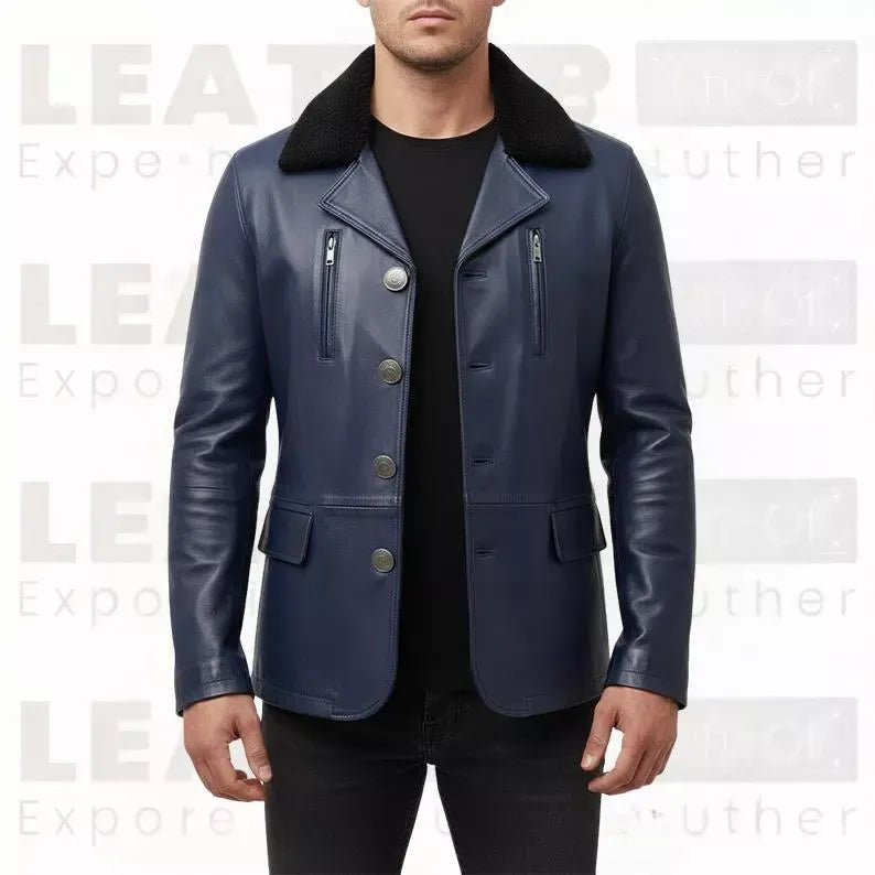 Men’s Navy Blue Leather Coat with Shearling Collar | Winter Button Front Jacket