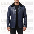 Men’s Navy Blue Leather Coat with Shearling Collar | Winter Button Front Jacket