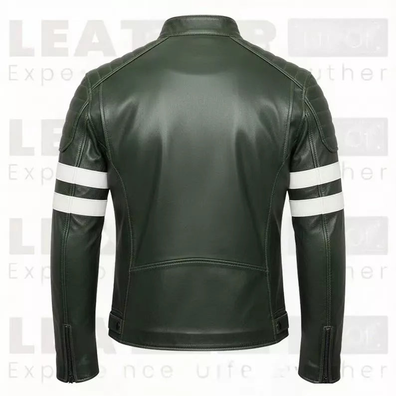 Men's Green Leather Biker Jacket – Slim Fit Moto Coat with Stripe Sleeves