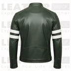 Men's Green Leather Biker Jacket – Slim Fit Moto Coat with Stripe Sleeves