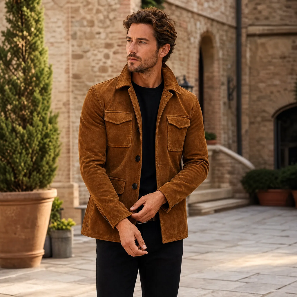 Men’s Genuine Suede Leather Safari Jacket | Luxury Brown Utility Jacket