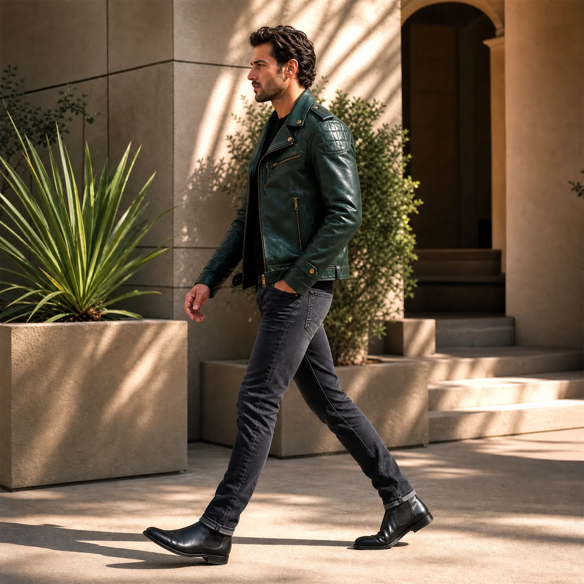 Men’s Vintage Green Leather Motorcycle Jacket | Belted Rider Style