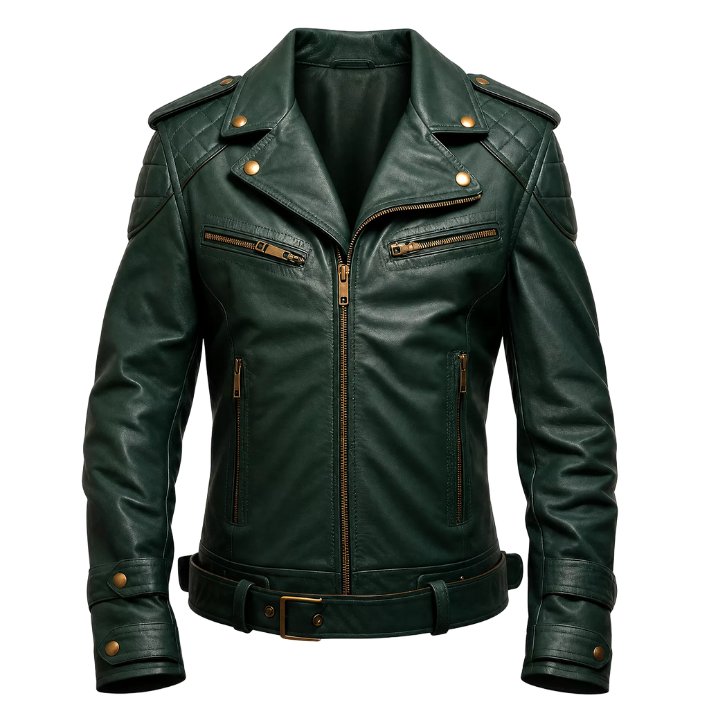 Men’s Vintage Green Leather Motorcycle Jacket | Belted Rider Style