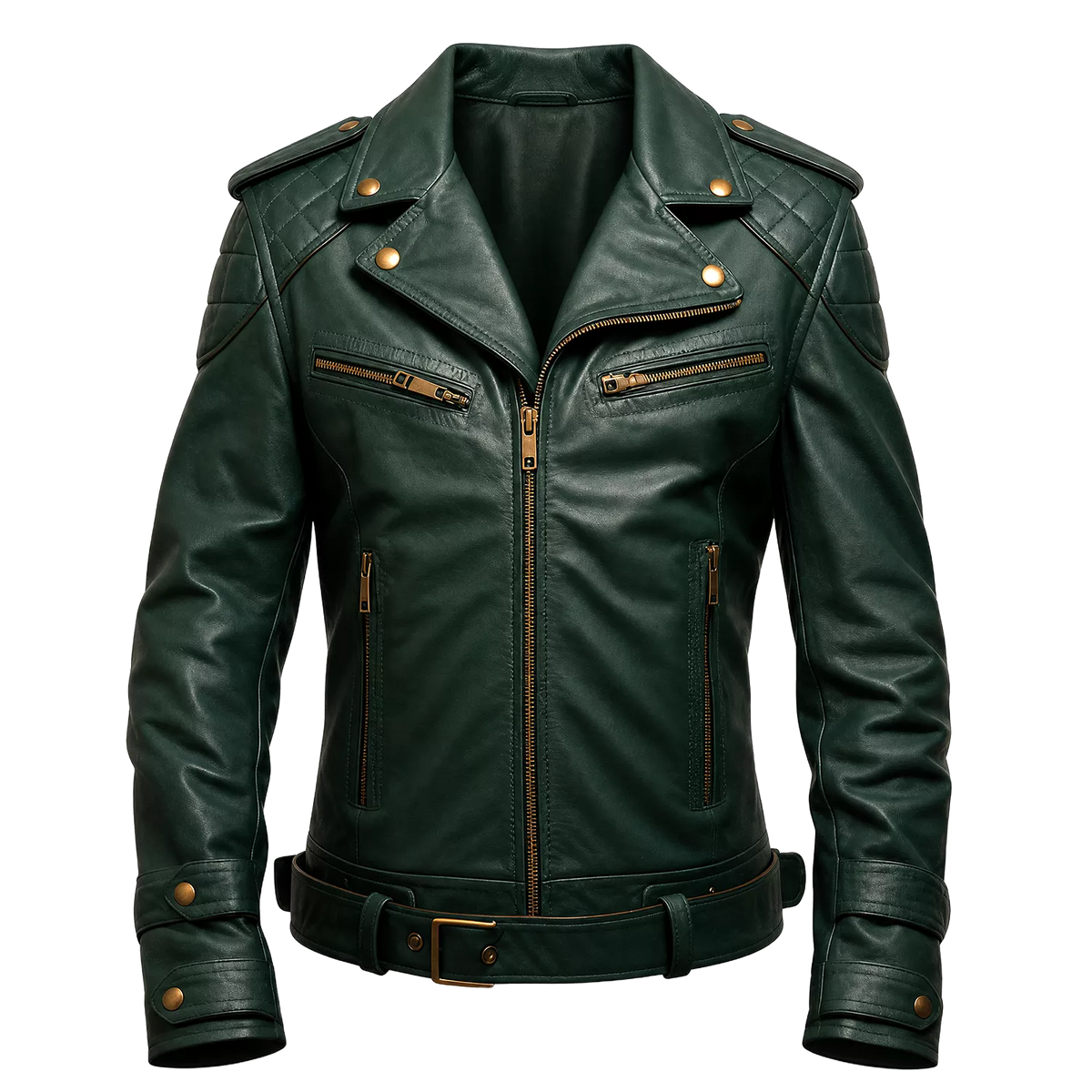 Men’s Vintage Green Leather Motorcycle Jacket | Belted Rider Style