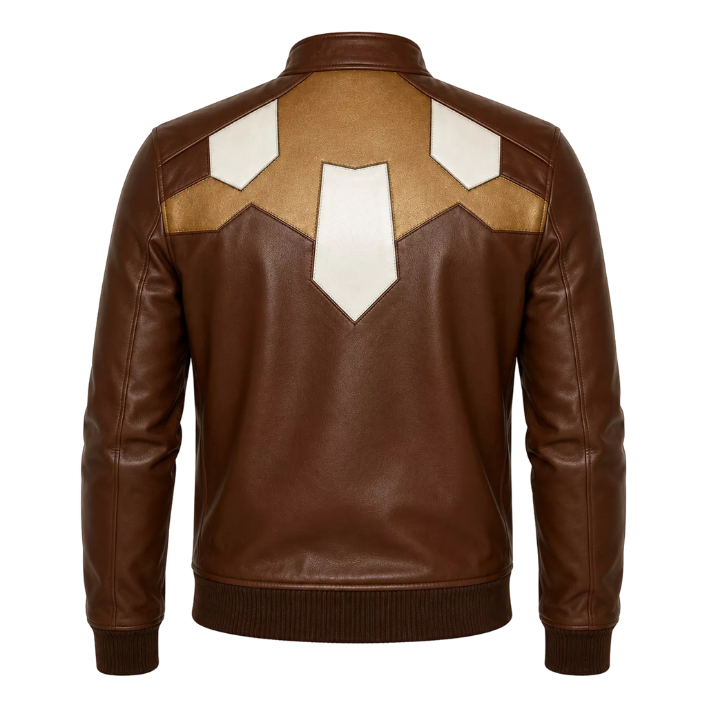 Men’s Brown Geometric Leather Bomber Jacket | Cream Tan Zip Jacket