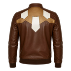 Men’s Brown Geometric Leather Bomber Jacket | Cream Tan Zip Jacket