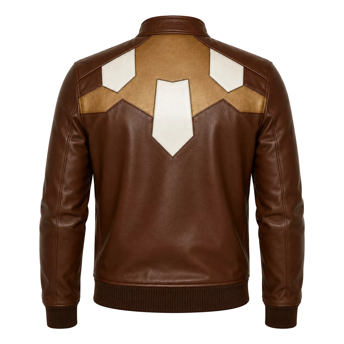 Men’s Brown Geometric Leather Bomber Jacket | Cream Tan Zip Jacket