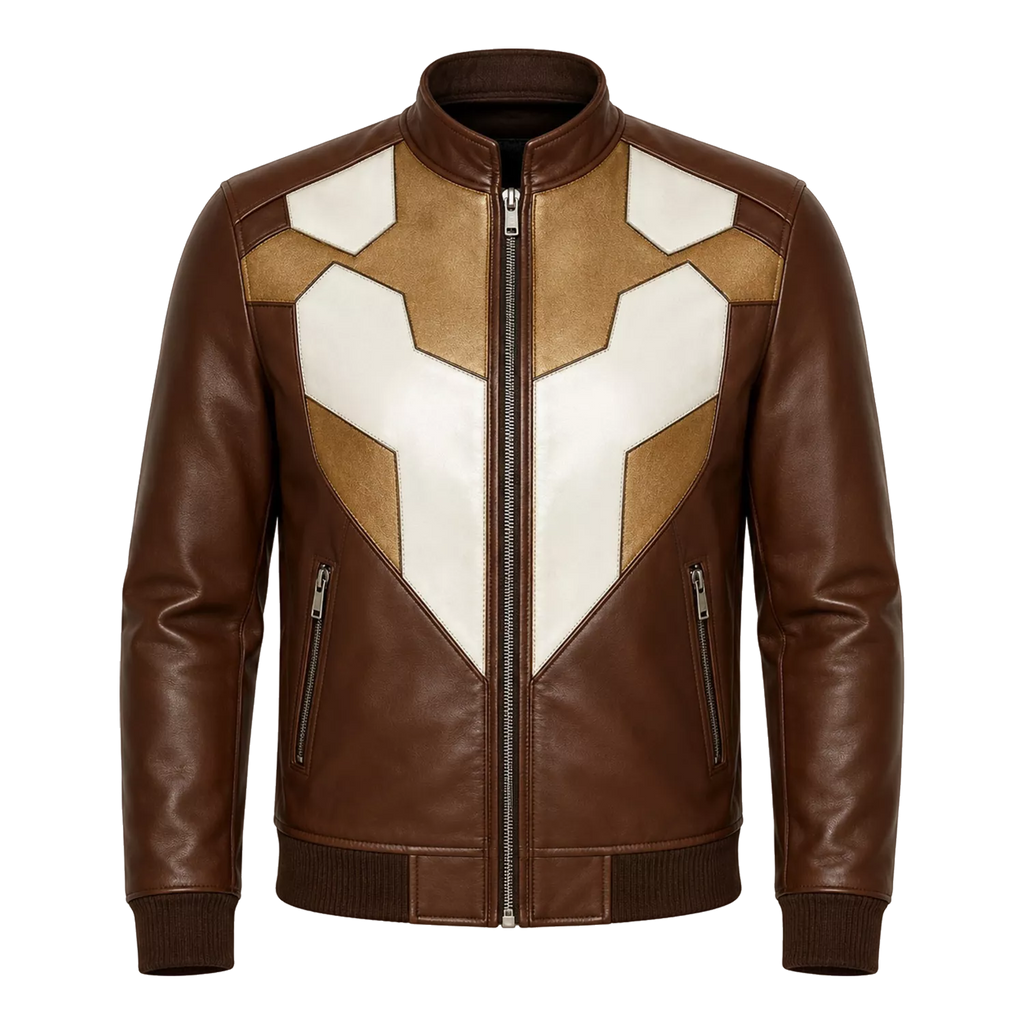 Men’s Brown Geometric Leather Bomber Jacket | Cream Tan Zip Jacket