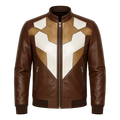 Men’s Brown Geometric Leather Bomber Jacket | Cream Tan Zip Jacket