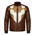 Men’s Brown Geometric Leather Bomber Jacket | Cream Tan Zip Jacket