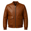 Men’s Cognac Brown Leather Bomber Jacket | Ribbed Collar Zip Flight Jacket