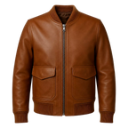 Men’s Cognac Brown Leather Bomber Jacket | Ribbed Collar Zip Flight Jacket