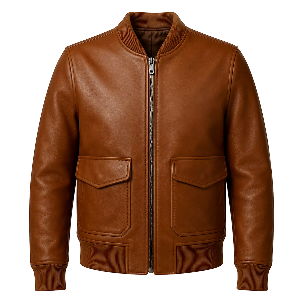 Men’s Cognac Brown Leather Bomber Jacket | Ribbed Collar Zip Flight Jacket