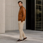 Men’s Cognac Brown Leather Bomber Jacket | Ribbed Collar Zip Flight Jacket
