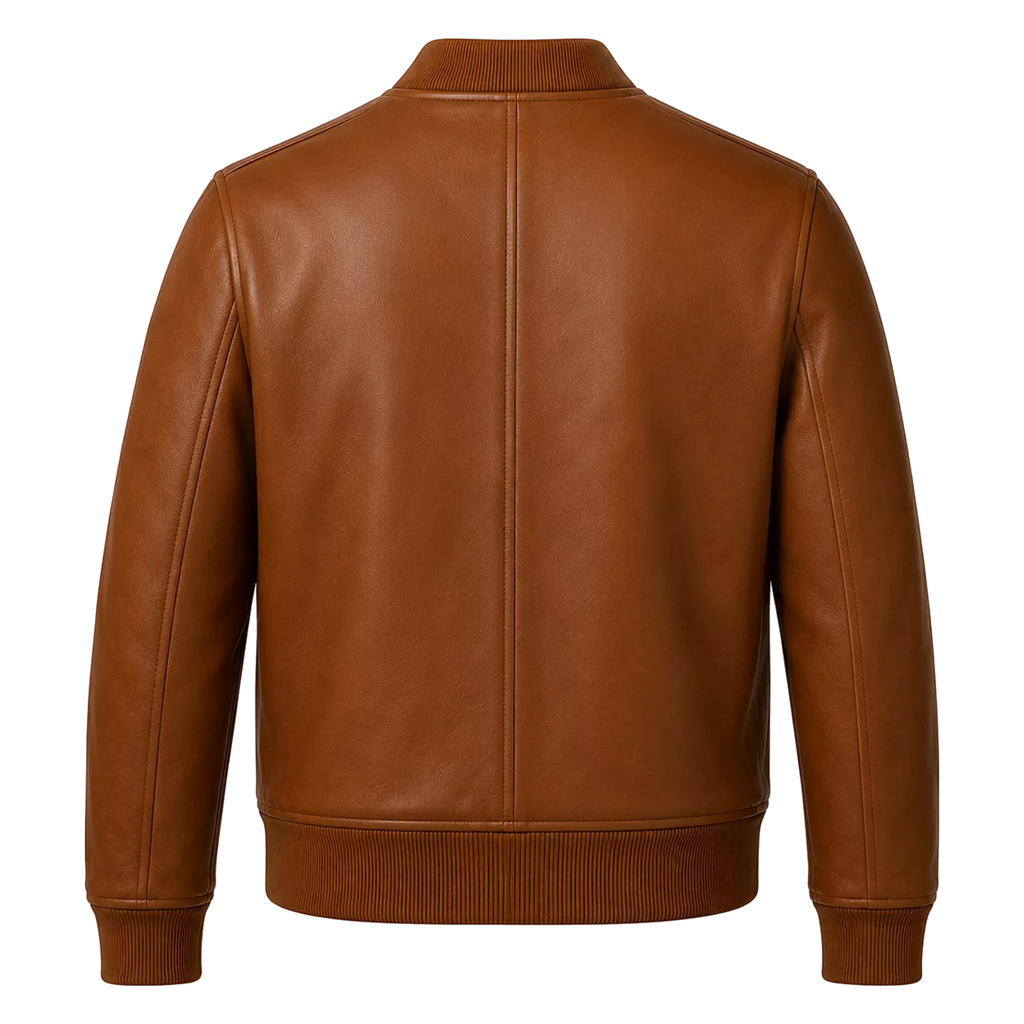 Men’s Cognac Brown Leather Bomber Jacket | Ribbed Collar Zip Flight Jacket