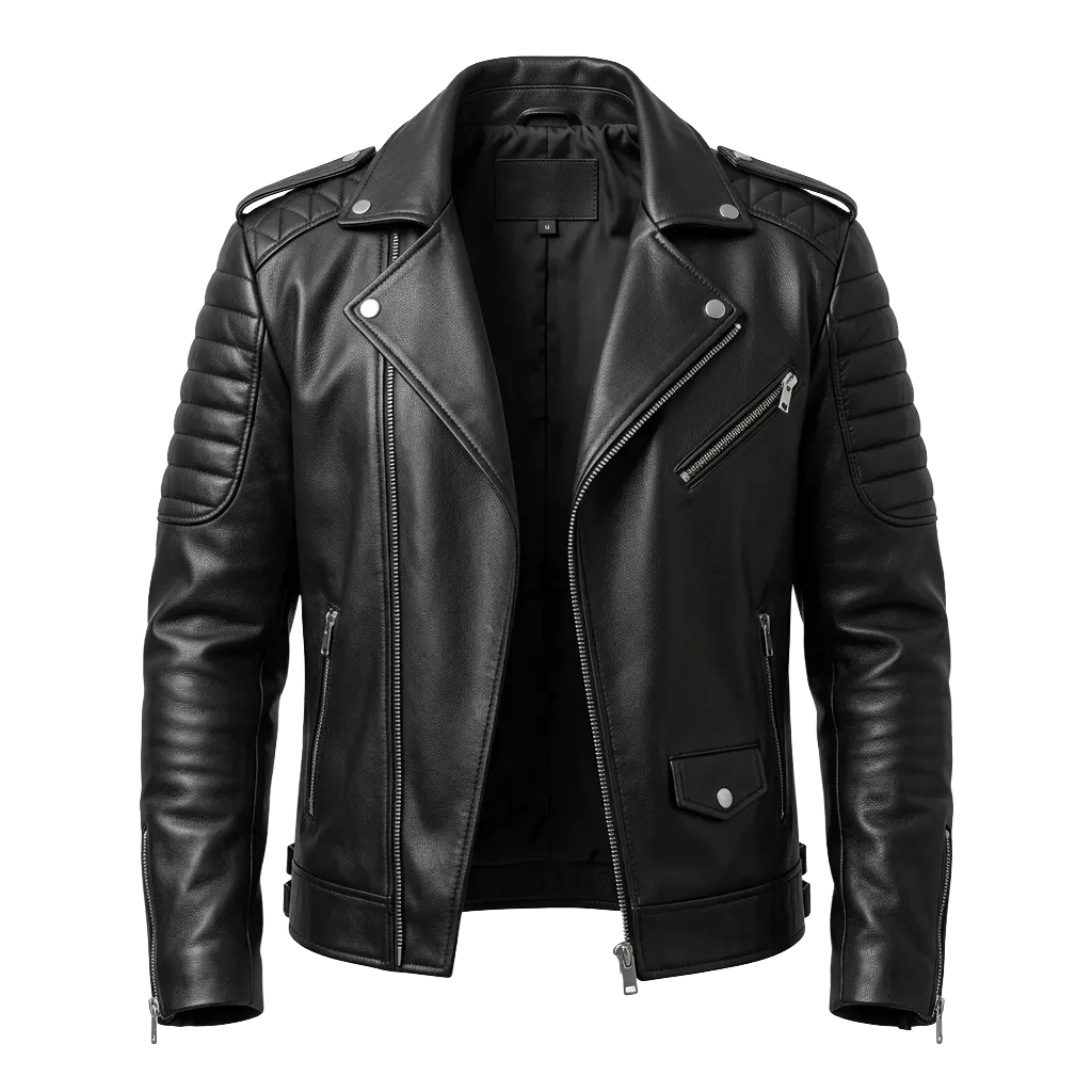Men’s Premium Faux Leather Biker Jacket with Ribbed Shoulder Padding and Asymmetrical Zip